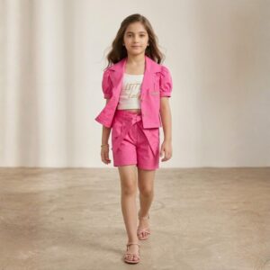 damsel kids hot pink 3 piece coat set with inner shirt & shorts – trendy outfit