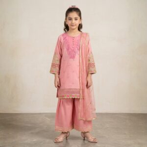 damsel kids light pink embroidered lawn sharara set with net dupatta – festive wear