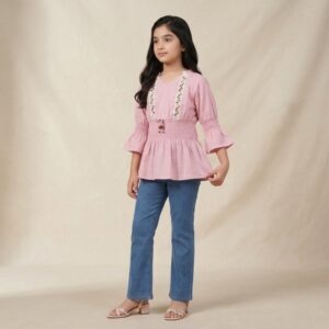 damsel kids light pink embroidered lawn sharara set with net dupatta – festive wear