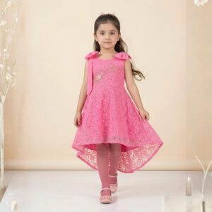 damsel kids pink embossed net frock with handwork & tights – party wear dress