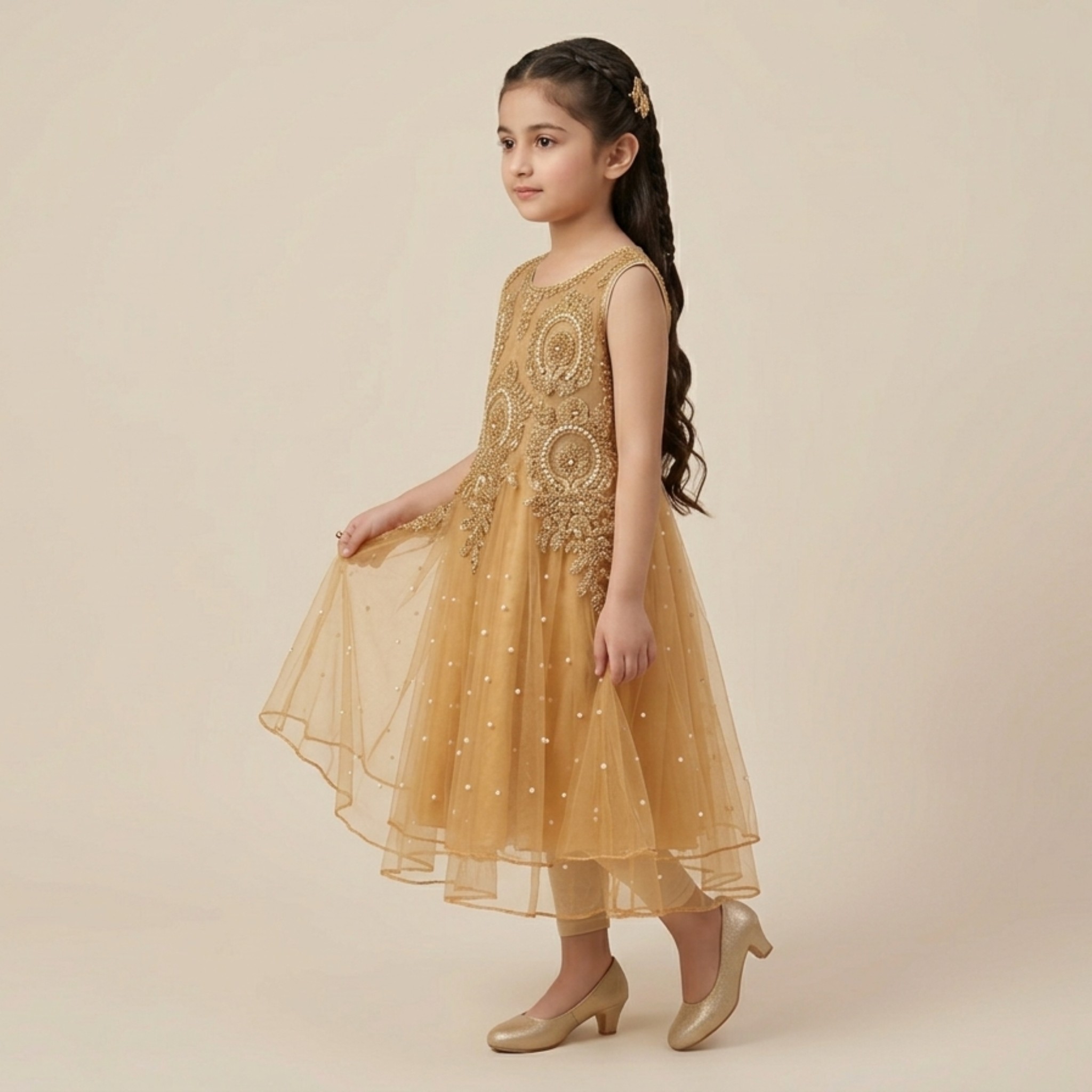 damsel kids golden net fancy frock with pearl detailing & tights – party wear dress damsel kids golden net fancy frock with pearl detailing & tights – party wear dress