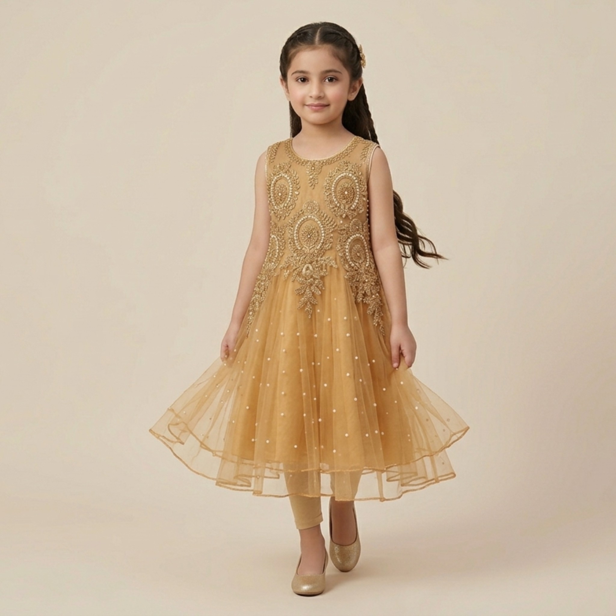 damsel kids golden net fancy frock with pearl detailing & tights – party wear dress damsel kids golden net fancy frock with pearl detailing & tights – party wear dress