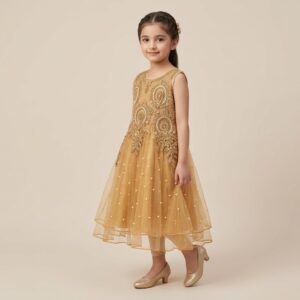 damsel kids golden net fancy frock with pearl detailing & tights – party wear dress