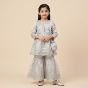 damsel kids silver organza embroidered gharara set with sequin work & matching pouch