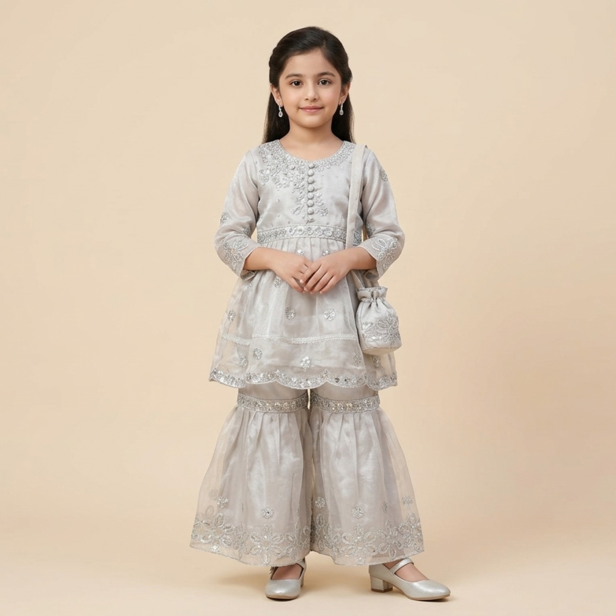 damsel kids silver organza embroidered gharara set with sequin work & matching pouch damsel kids silver organza embroidered gharara set with sequin work & matching pouch
