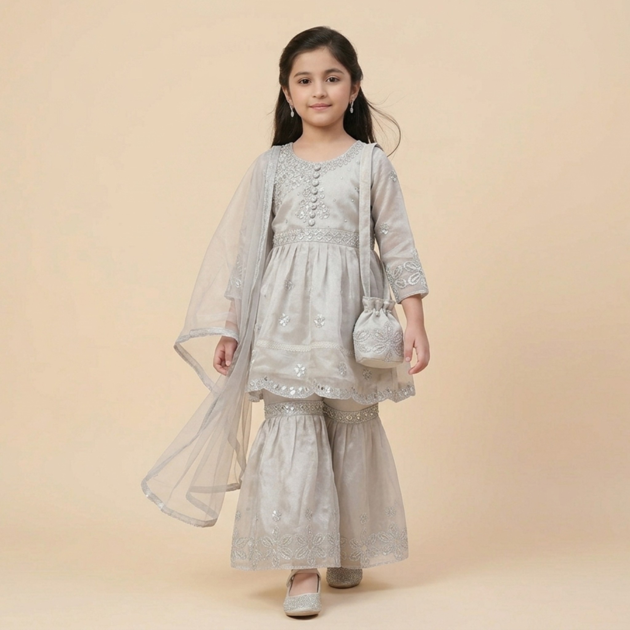 damsel kids silver organza embroidered gharara set with sequin work & matching pouch damsel kids silver organza embroidered gharara set with sequin work & matching pouch