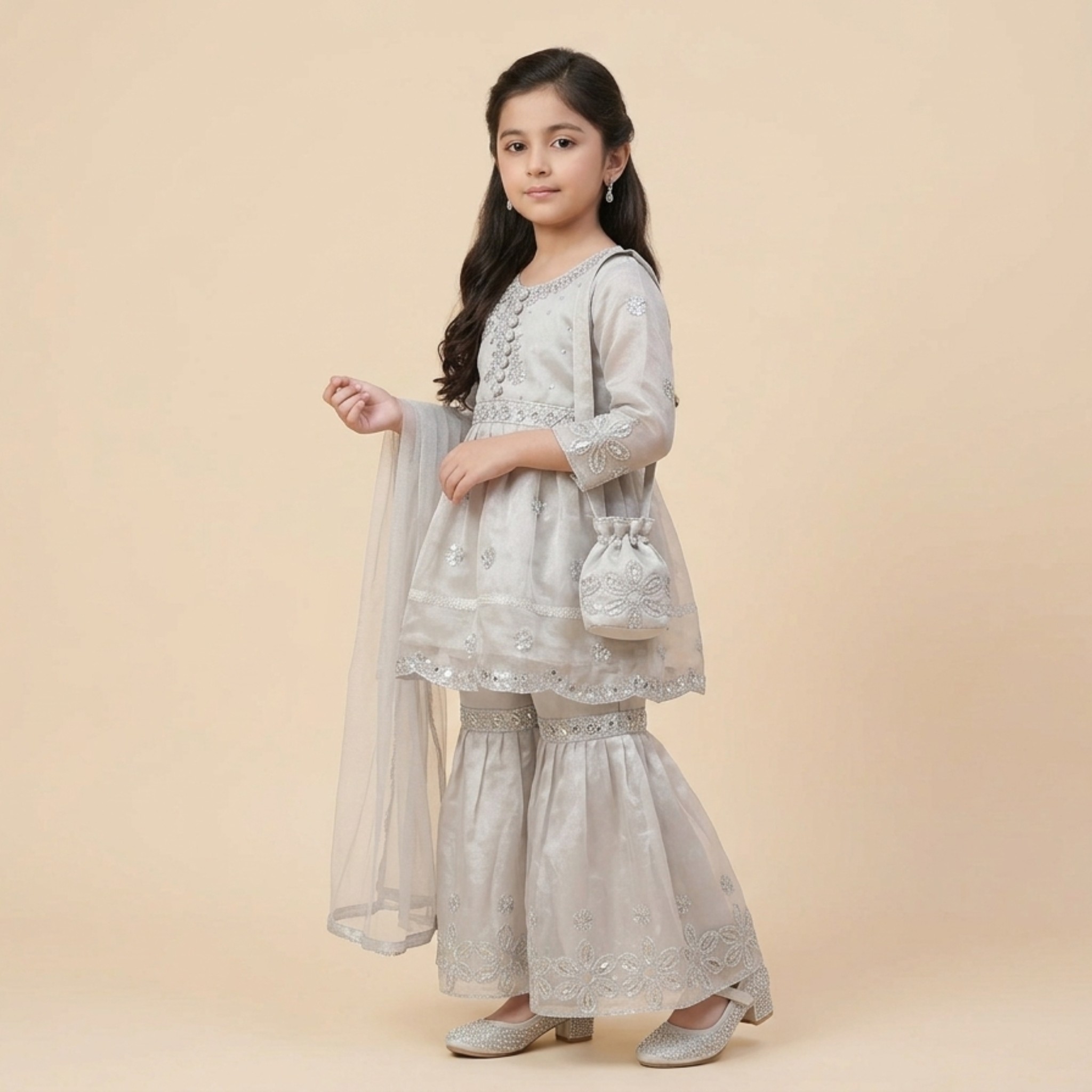 damsel kids silver organza embroidered gharara set with sequin work & matching pouch damsel kids silver organza embroidered gharara set with sequin work & matching pouch