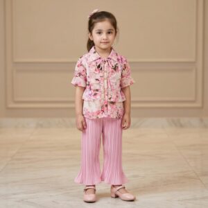 damsel kids peach floral chiffon top with pink crush plazo – stylish summer outfit