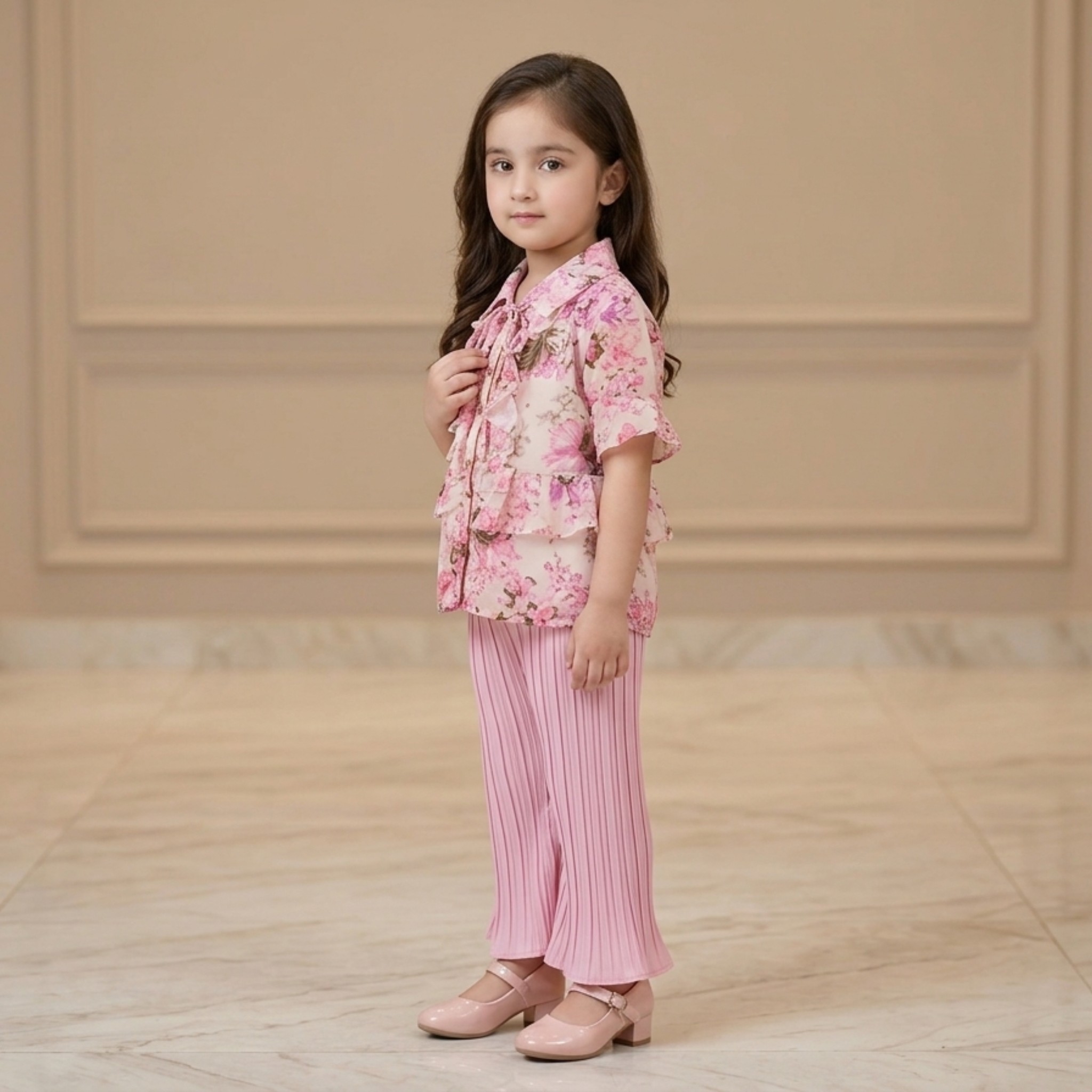 damsel kids peach floral chiffon top with pink crush plazo – stylish summer outfit damsel kids peach floral chiffon top with pink crush plazo – stylish summer outfit