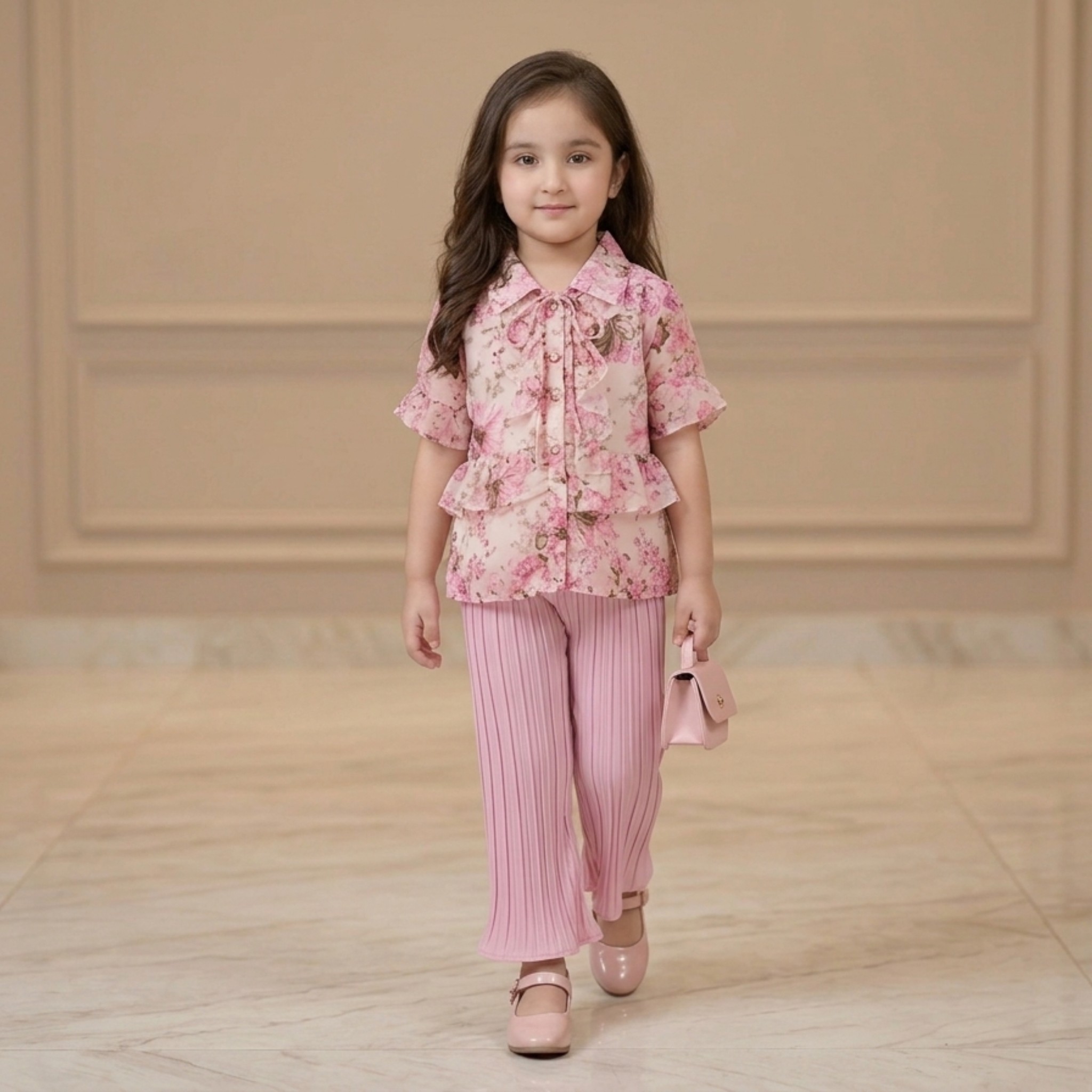 damsel kids peach floral chiffon top with pink crush plazo – stylish summer outfit damsel kids peach floral chiffon top with pink crush plazo – stylish summer outfit