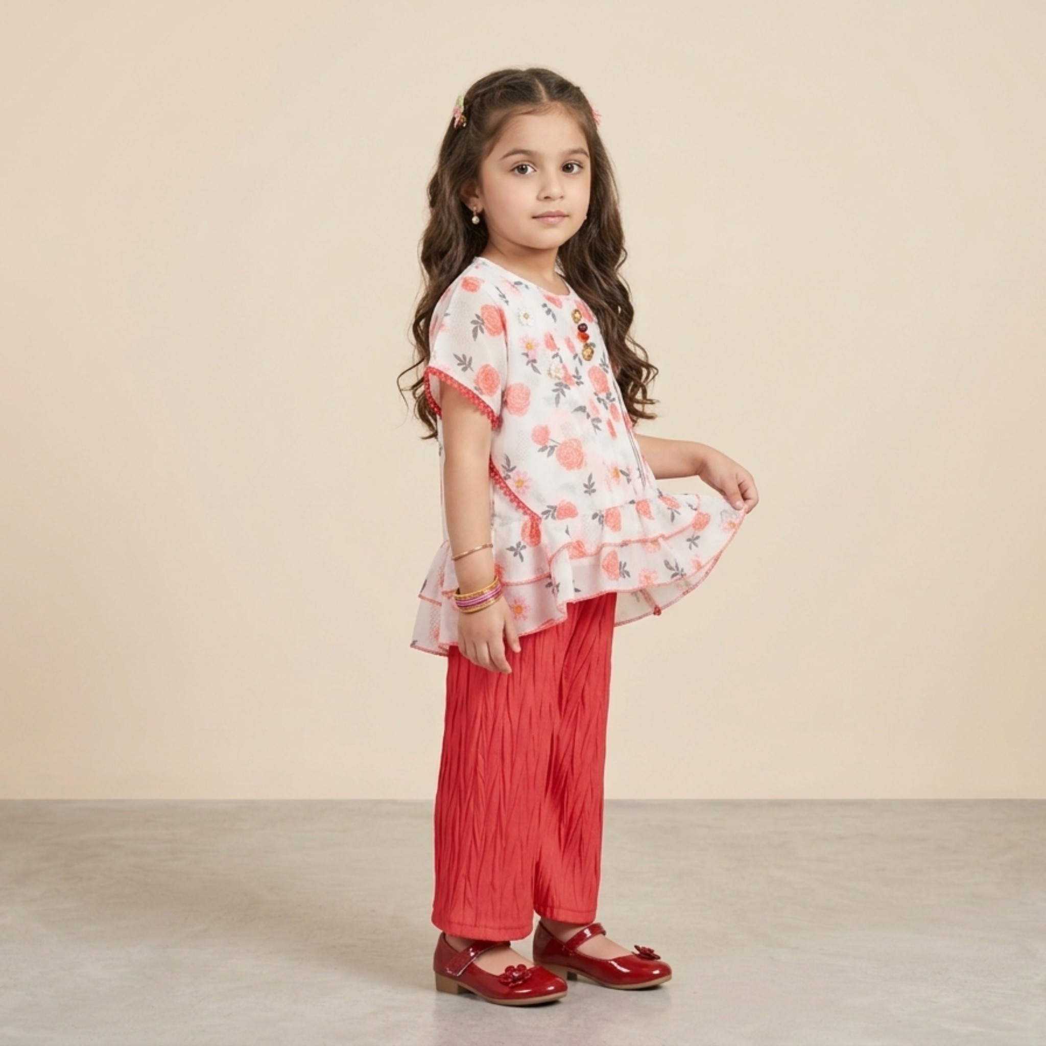 damsel kids white floral chiffon top with crush plazo – stylish summer outfit damsel kids white floral chiffon top with crush plazo – stylish summer outfit