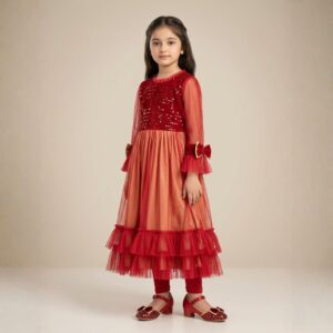 damsel kids red net maxi dress with velvet sequin embroidered neck & tights