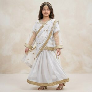 damsel kids white chiffon saree with blouse & dupatta – embroidered party wear set