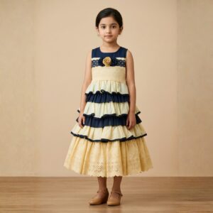 damsel kids yellow & white layered fancy frock – party wear frill dress for girls