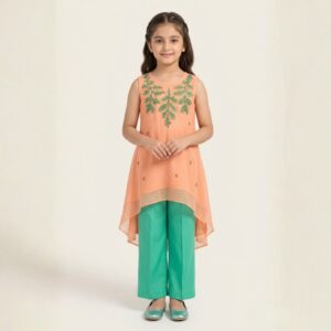 damsel kids peach embroidered kurti trouser set – stylish summer outfit for girls