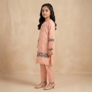damsel kids light peach embroidered lawn kurti – chikankari style summer top