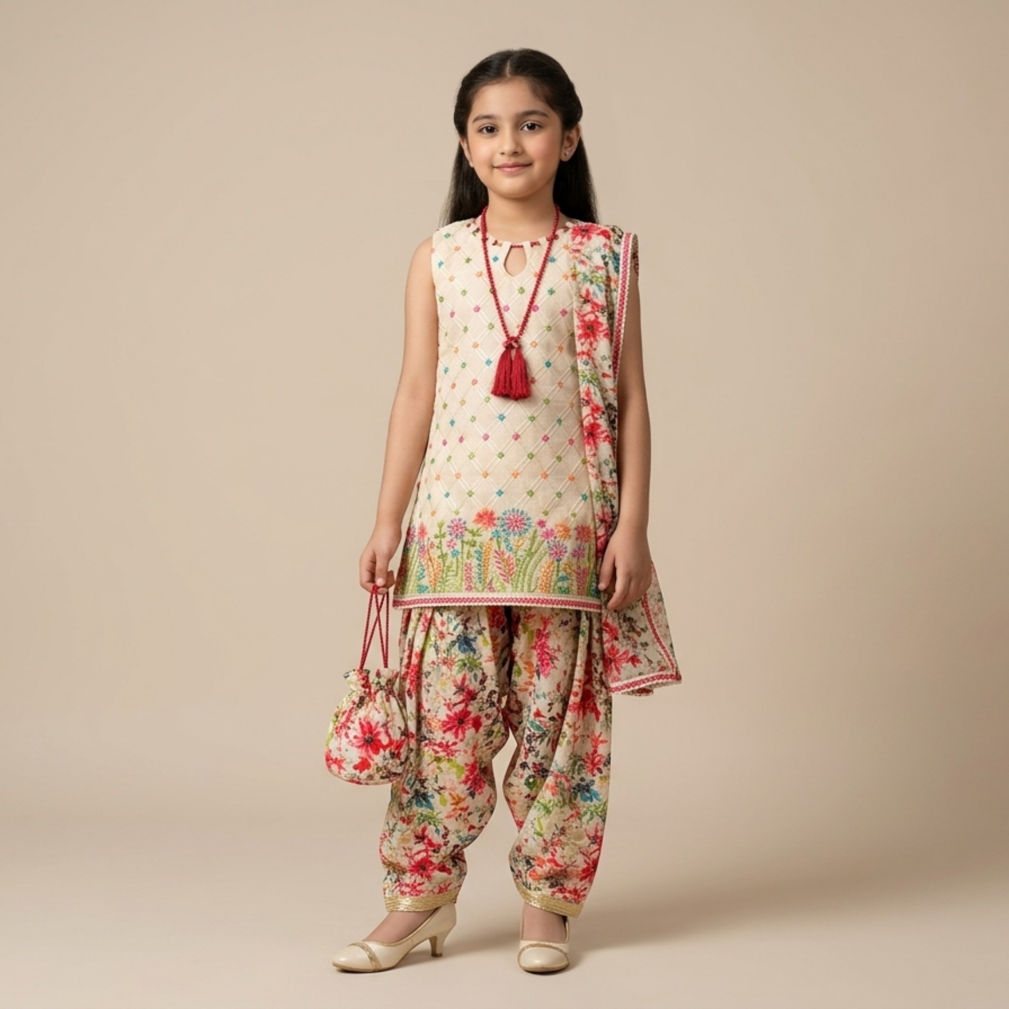 damsel kids cream floral patiala shalwar suit with dupatta & matching bag – summer lawn set damsel kids cream floral patiala shalwar suit with dupatta & matching bag – summer lawn set