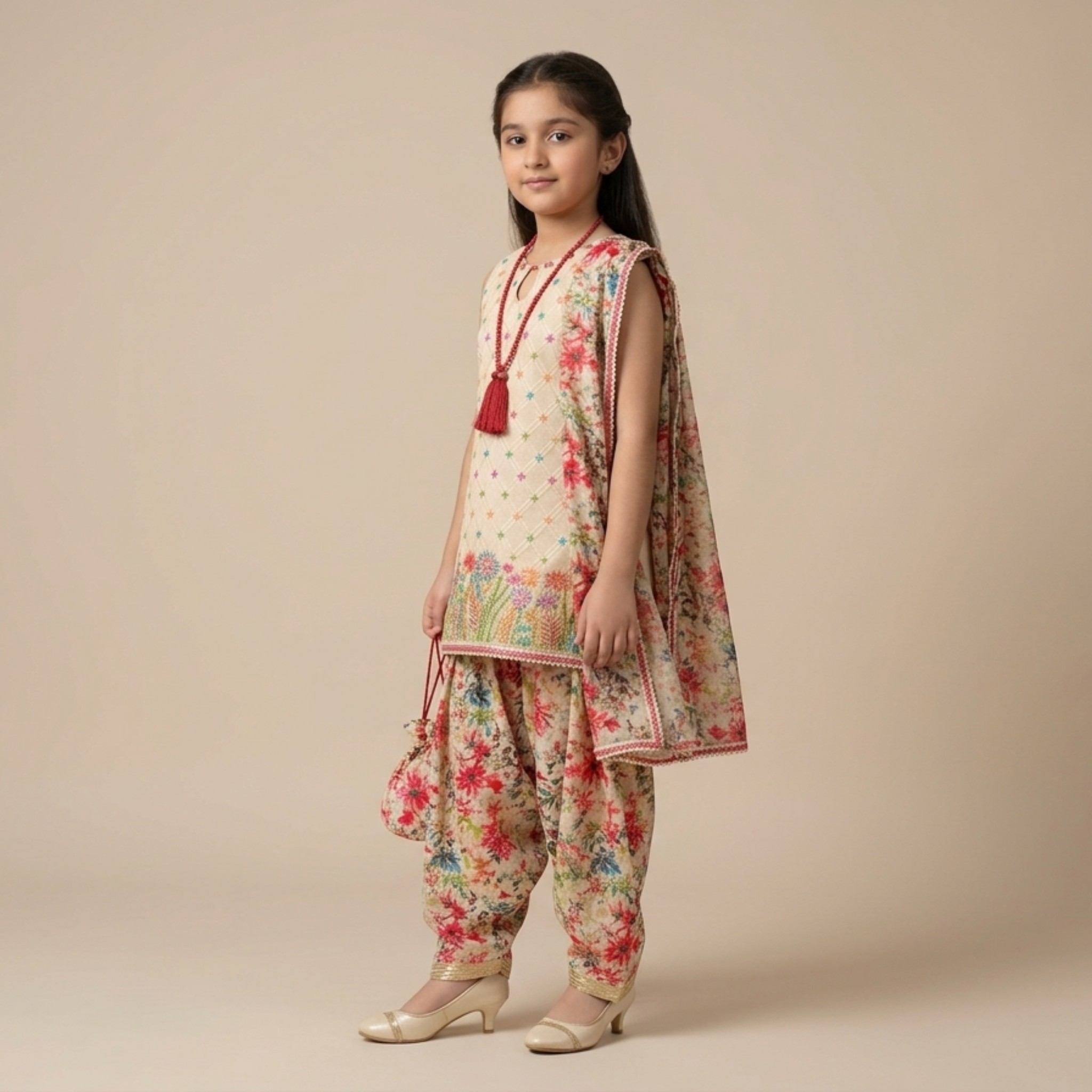 damsel kids cream floral patiala shalwar suit with dupatta & matching bag – summer lawn set damsel kids cream floral patiala shalwar suit with dupatta & matching bag – summer lawn set