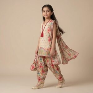 damsel kids cream floral patiala shalwar suit with dupatta & matching bag – summer lawn set