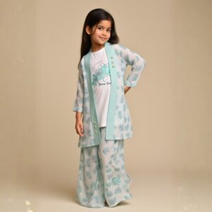 damsel kids sky blue floral lawn coat set with inner shirt – 3 piece summer outfit