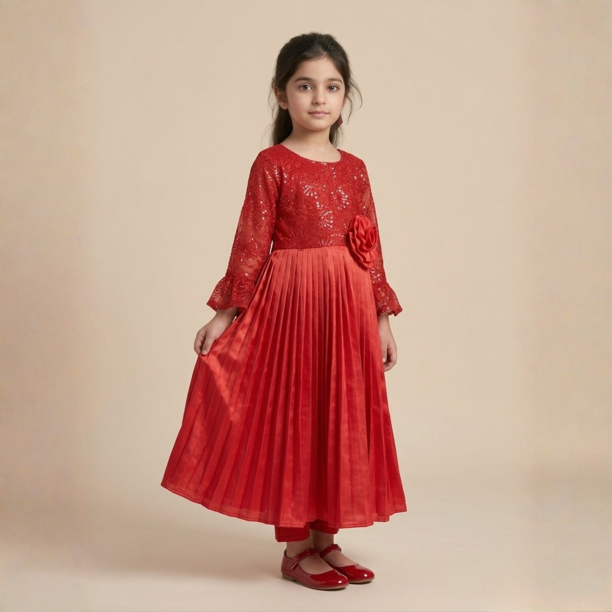damsel kids crushed silk flared maxi with sequin neck & tights – red party wear damsel kids crushed silk flared maxi with sequin neck & tights – red party wear