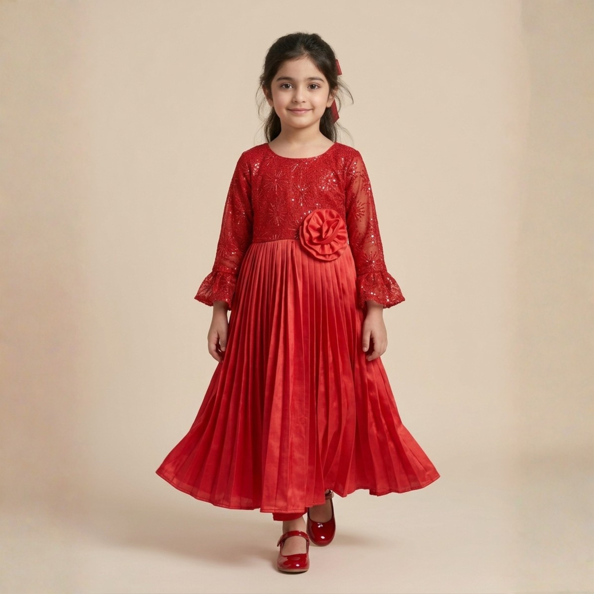 damsel kids crushed silk flared maxi with sequin neck & tights – red party wear damsel kids crushed silk flared maxi with sequin neck & tights – red party wear