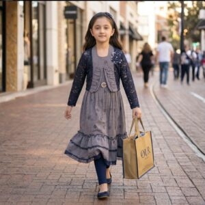 damsel kids lawn cotton check frock with net sequin jacket, hairband & tights – blue 4pc set