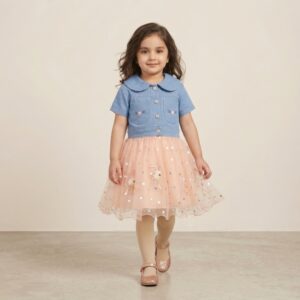 damsel kids glittery net frock with denim jacket & tights – blue & peach 3pc outfit