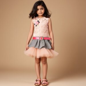 damsel kids net top with layered skirt, inner & tights – peach & black 3pc outfit
