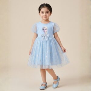 damsel kids imported elsa sky blue net frock – princess party dress for girls