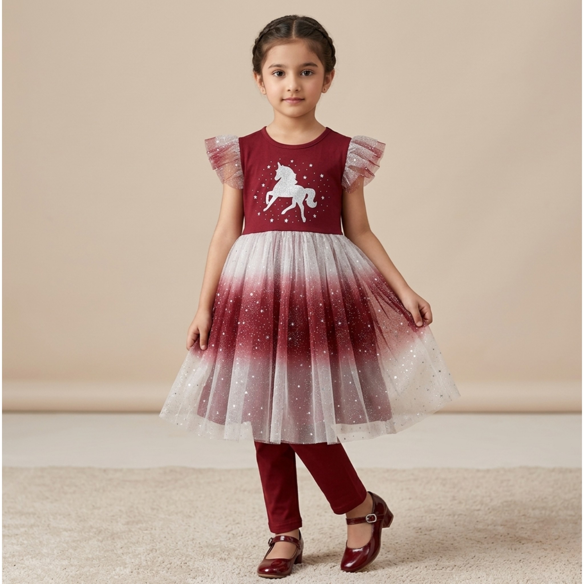 damsel kids maroon unicorn net frock with pants – glitter party dress for girls damsel kids maroon unicorn net frock with pants – glitter party dress for girls