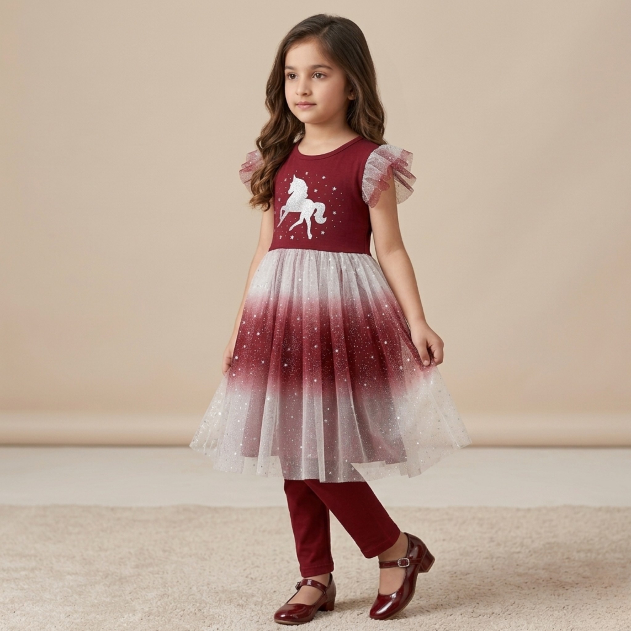 damsel kids maroon unicorn net frock with pants – glitter party dress for girls damsel kids maroon unicorn net frock with pants – glitter party dress for girls