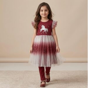damsel kids maroon unicorn net frock with pants – glitter party dress for girls