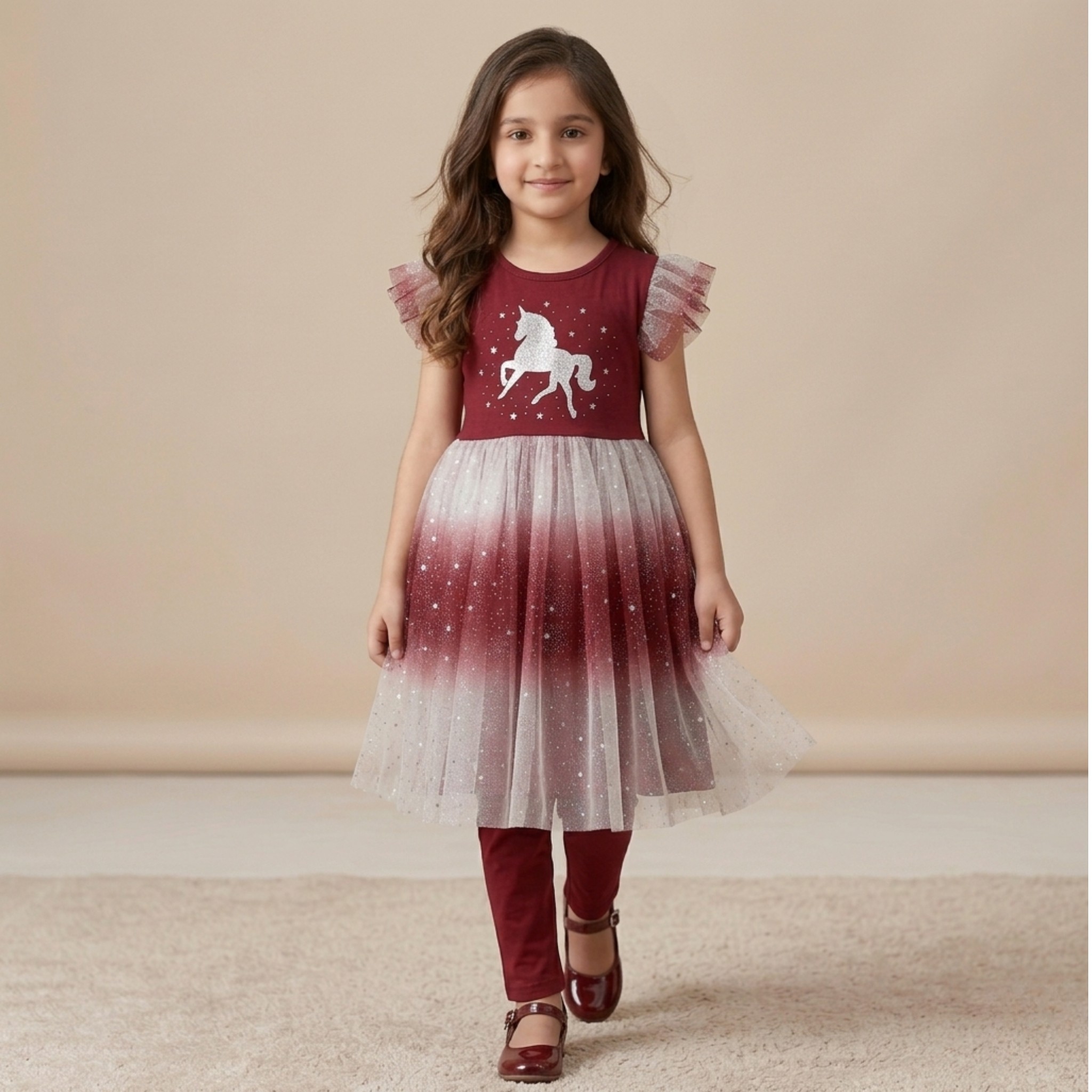 damsel kids maroon unicorn net frock with pants – glitter party dress for girls damsel kids maroon unicorn net frock with pants – glitter party dress for girls