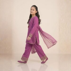 damsel kids magenta chiffon embroidered plazo suit with dupatta – festive 3 piece set