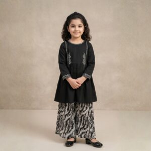 damsel kids black embroidered lawn frock with printed plazo – stylish summer outfit