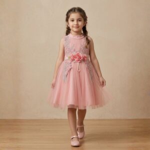 damsel kids baby pink fancy net frock with 3d flowers – party wear dress for girls