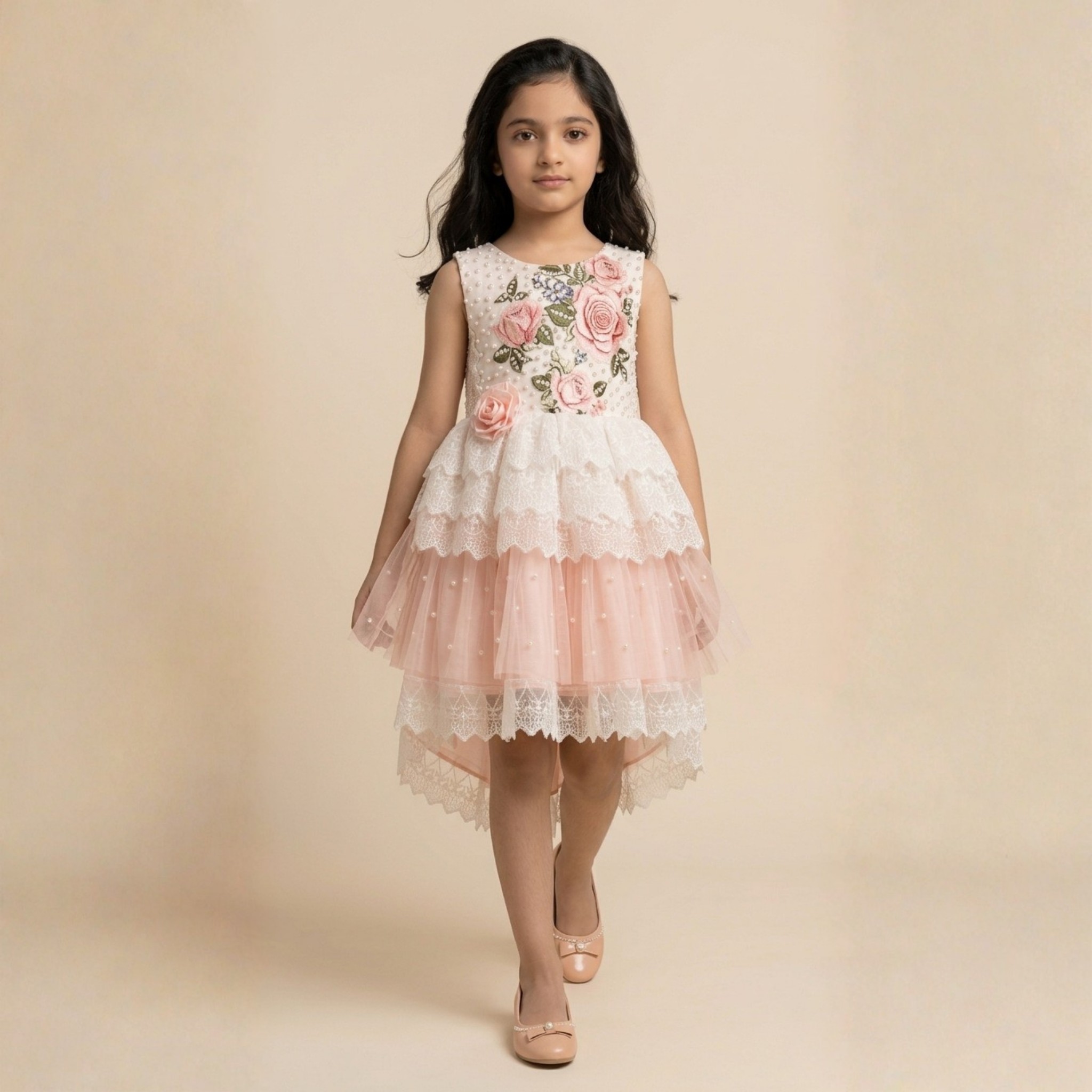 damsel kids peach floral net frock with pearl neck – fancy party dress for girls damsel kids peach floral net frock with pearl neck – fancy party dress for girls