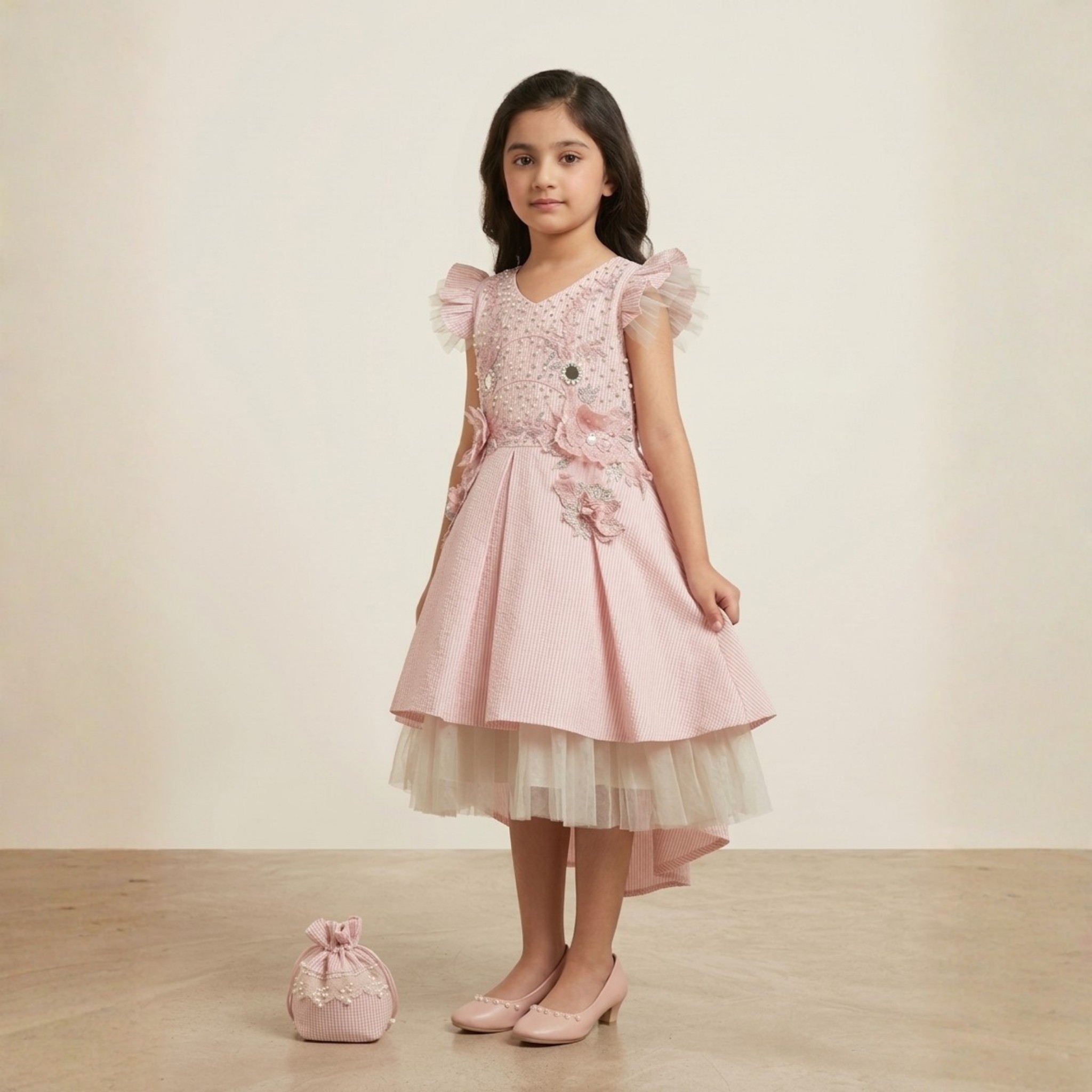 damsel kids peach cotton lawn frill frock with matching pouch – embellished party dress damsel kids peach cotton lawn frill frock with matching pouch – embellished party dress
