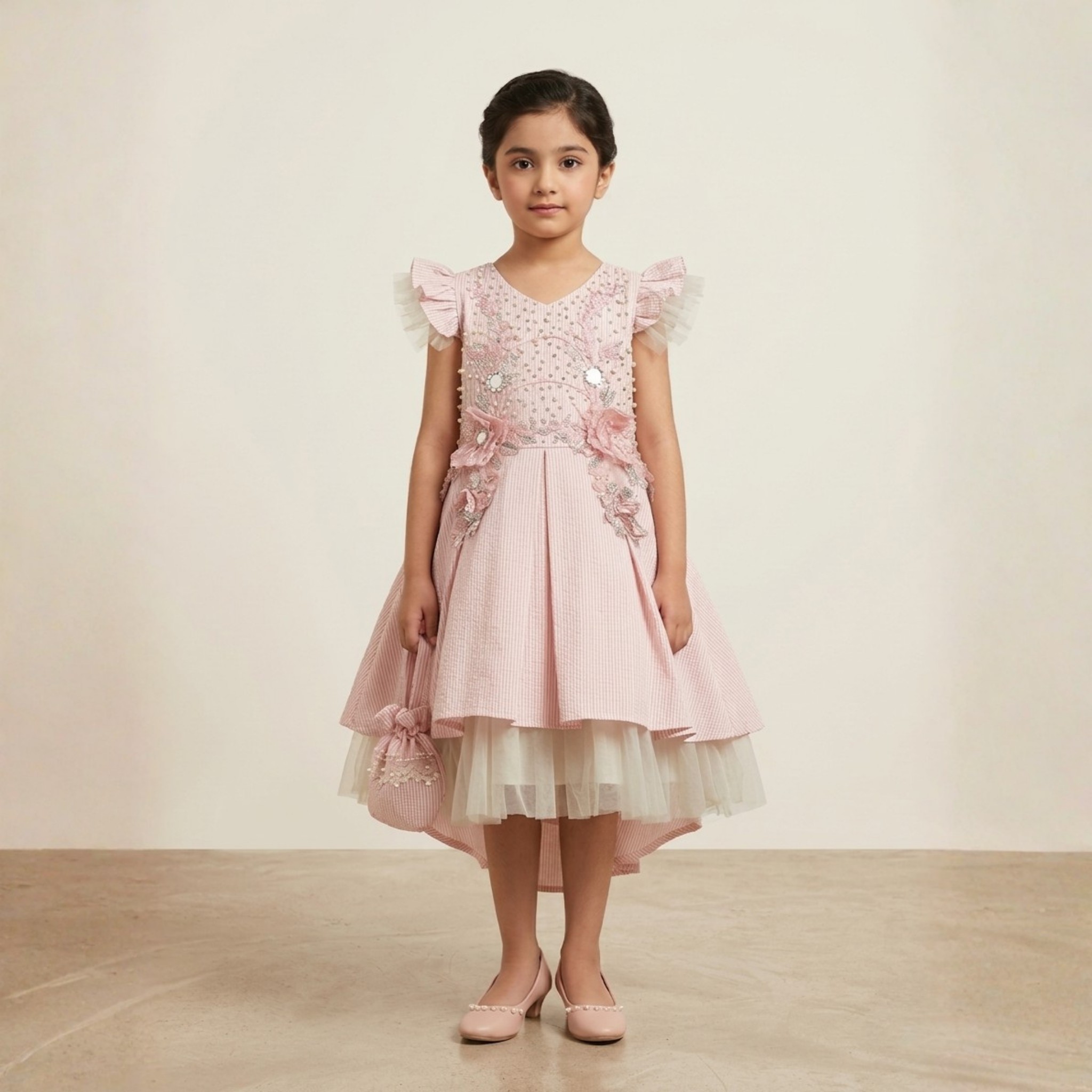 damsel kids peach cotton lawn frill frock with matching pouch – embellished party dress damsel kids peach cotton lawn frill frock with matching pouch – embellished party dress