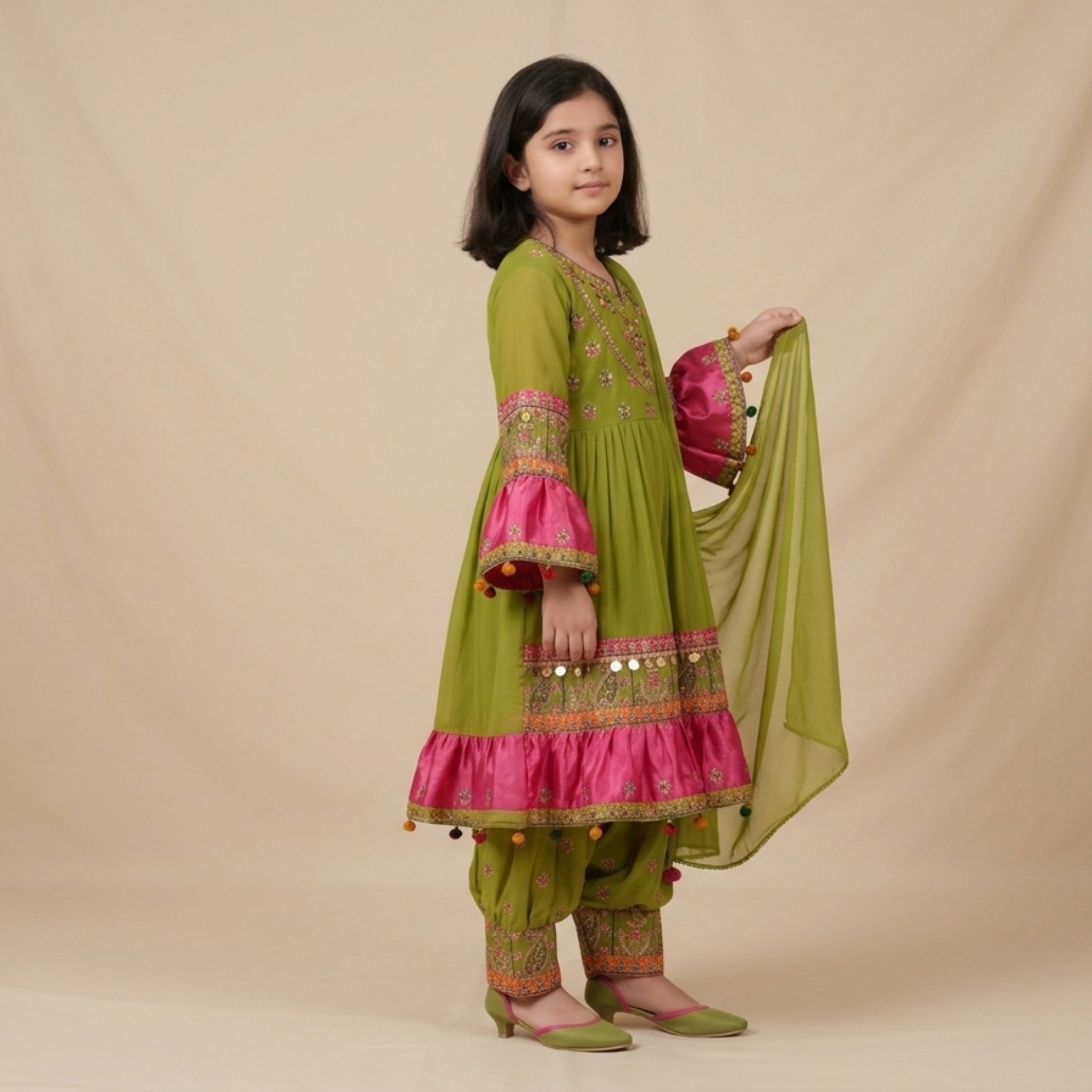 damsel kids olive green chiffon afghani frock with embroidered silk patiala shalwar damsel kids olive green chiffon afghani frock with embroidered silk patiala shalwar