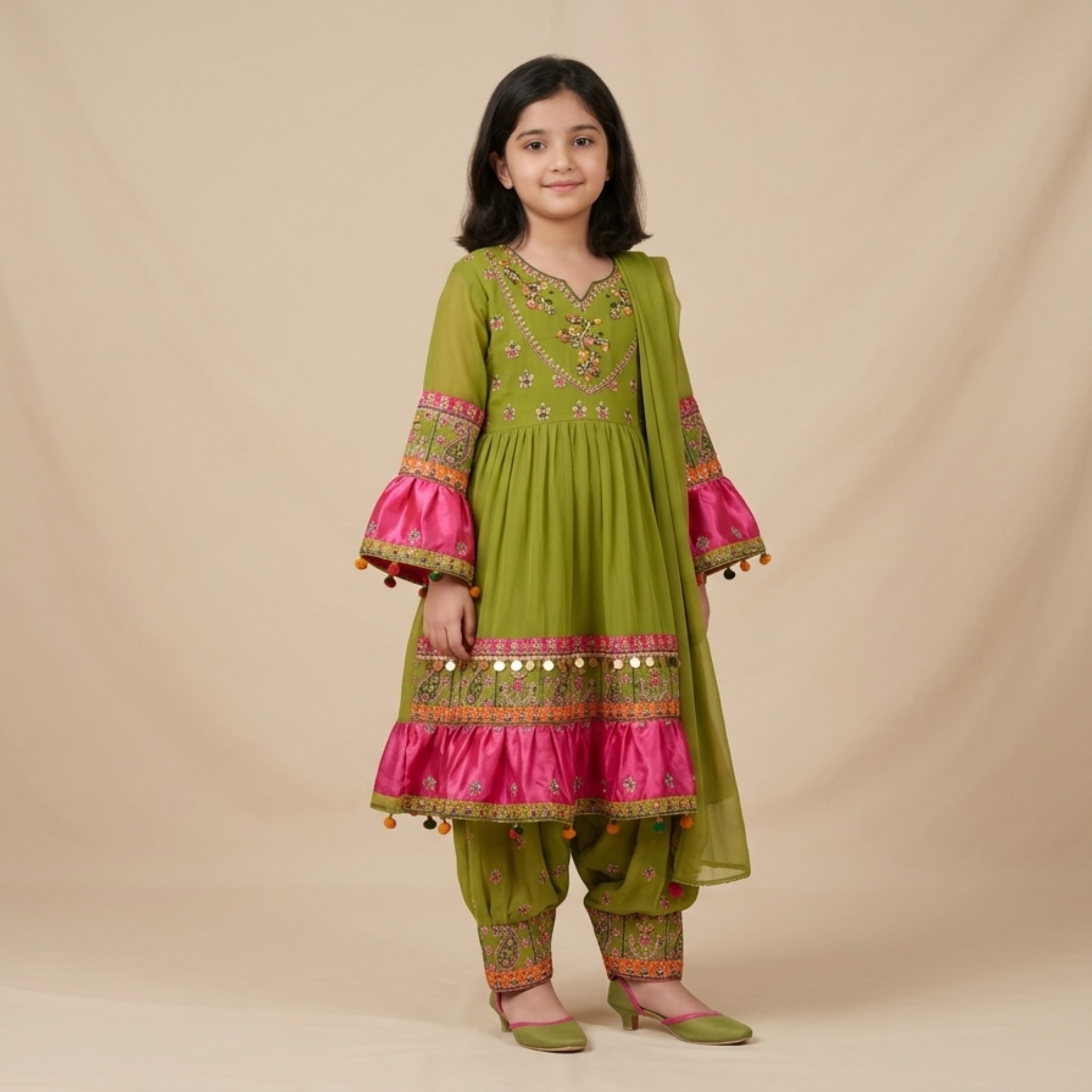 damsel kids olive green chiffon afghani frock with embroidered silk patiala shalwar damsel kids olive green chiffon afghani frock with embroidered silk patiala shalwar