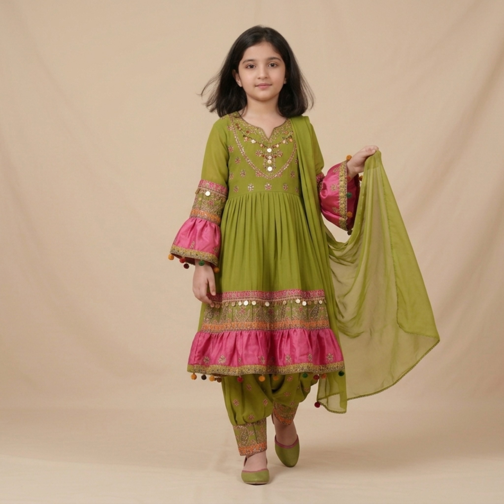 damsel kids olive green chiffon afghani frock with embroidered silk patiala shalwar damsel kids olive green chiffon afghani frock with embroidered silk patiala shalwar