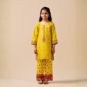 damsel kids embroidered lawn cotton suit with printed trouser – yellow 2pc summer outfit