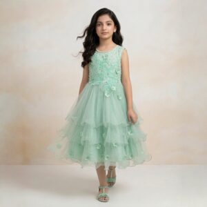 damsel kids 3d floral net frock with pearl neck – mint green party dress