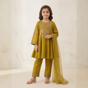damsel kids lawn cotton embroidered open flare frock with dupatta & trouser – green 3pc suit