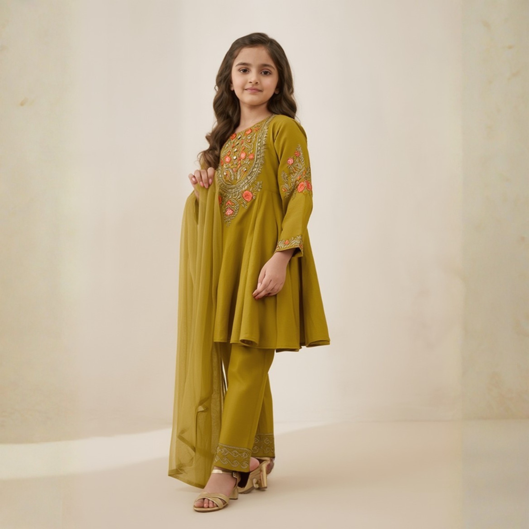damsel kids lawn cotton embroidered open flare frock with dupatta & trouser – green 3pc suit damsel kids lawn cotton embroidered open flare frock with dupatta & trouser – green 3pc suit