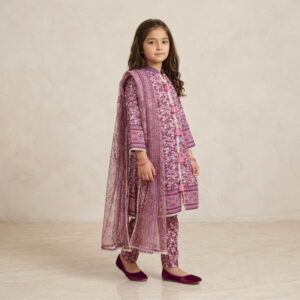 damsel kids lawn printed 3 piece suit with net dupatta – pink & purple summer outfit