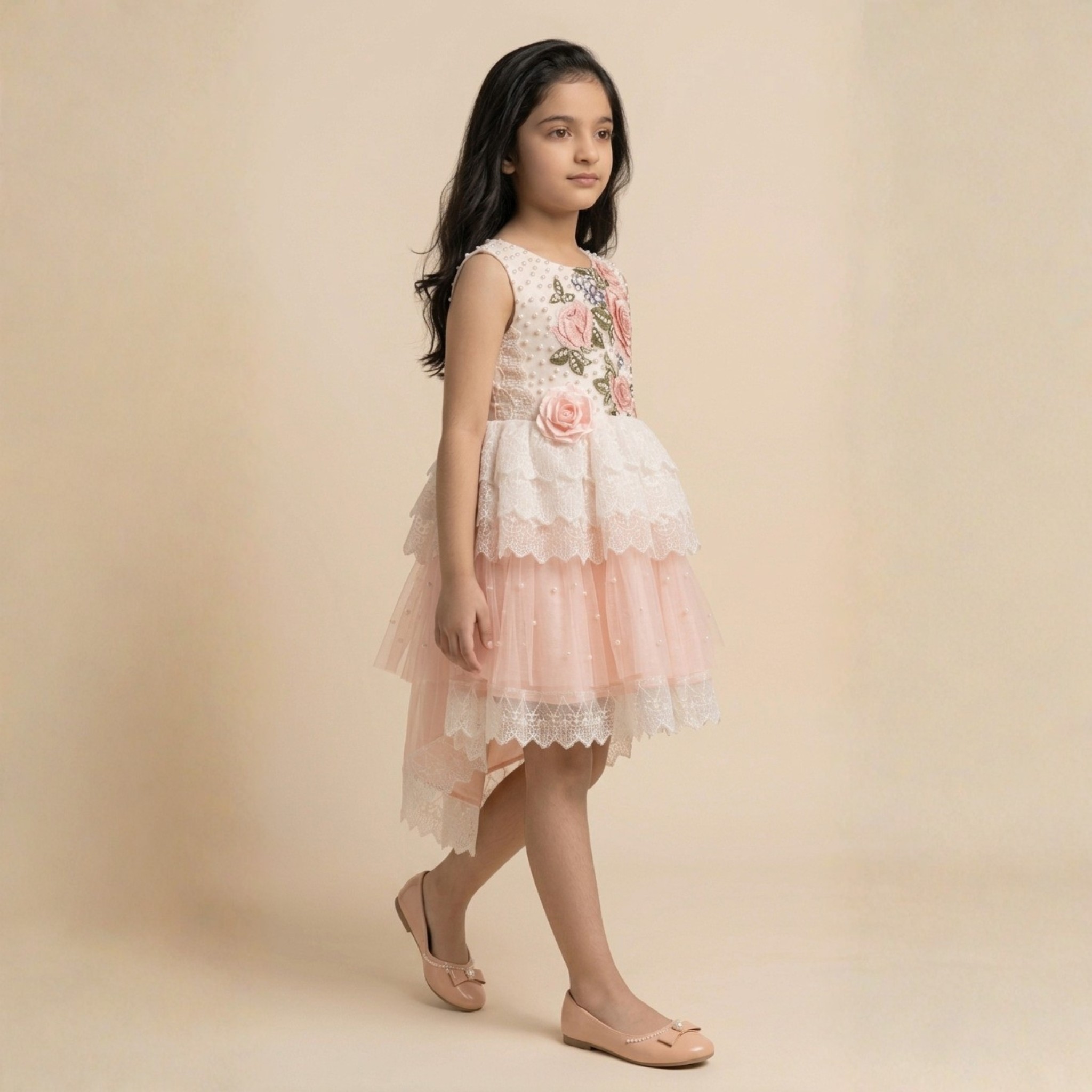 damsel kids peach floral net frock with pearl neck – fancy party dress for girls damsel kids peach floral net frock with pearl neck – fancy party dress for girls