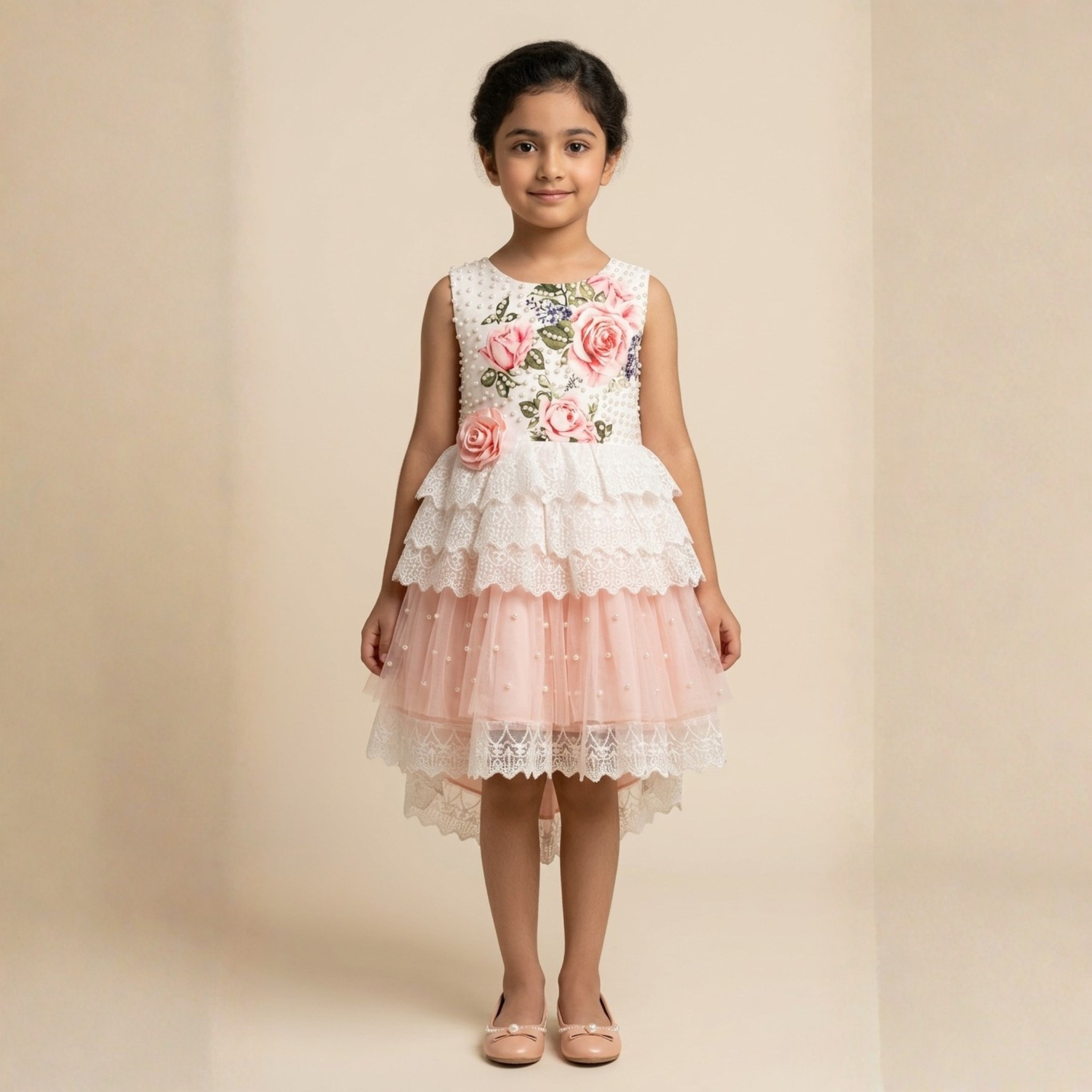 damsel kids peach floral net frock with pearl neck – fancy party dress for girls damsel kids peach floral net frock with pearl neck – fancy party dress for girls